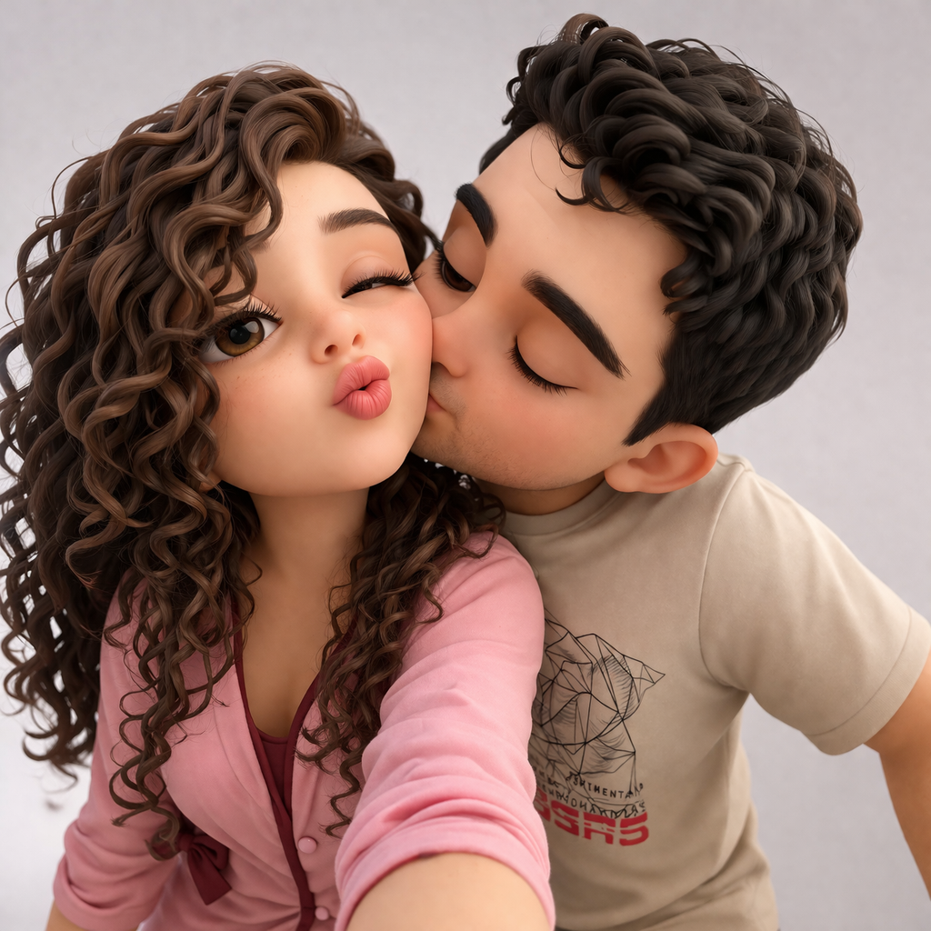 The image depicts a cartoon man and woman posing for a selfie, with the man kissing the woman's cheek. The woman has long,...