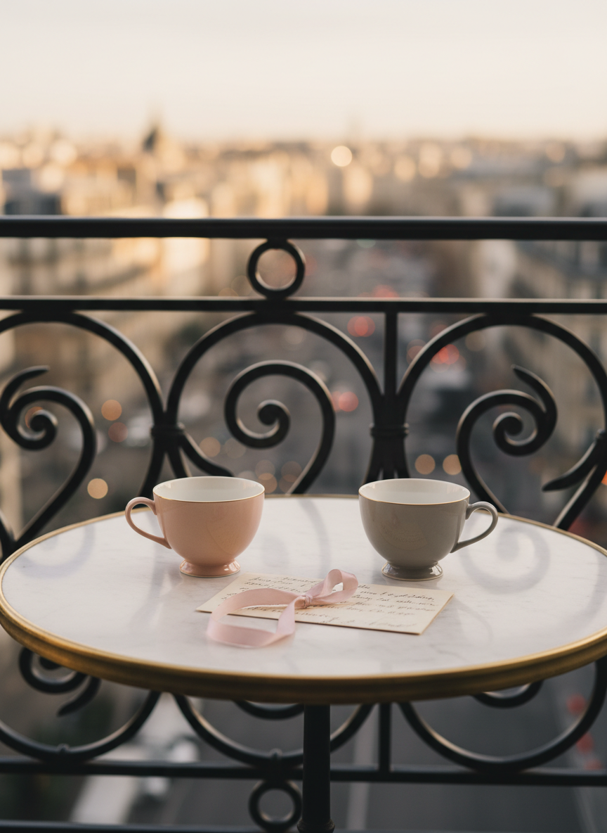 Two fine porcelain teacups, one a soft blush pink and the other a muted dove gray, sit close together on a round marble-topped bistro table on a Parisian-style balcony. Between them, a slim handwritten love letter tied with a silk ribbon lies partially unfolded, its cursive lines just visible. Beyond the wrought-iron railing, the distant cityscape fades into a creamy bokeh of warm evening lights. Golden hour sunlight washes the scene, creating subtle reflections on the marble and delicate highlights along the teacups’ rims. Shot at eye level with a cinematic composition and shallow depth of field, the atmosphere is intimate, refined, and quietly celebratory of shared moments and whispered promises.