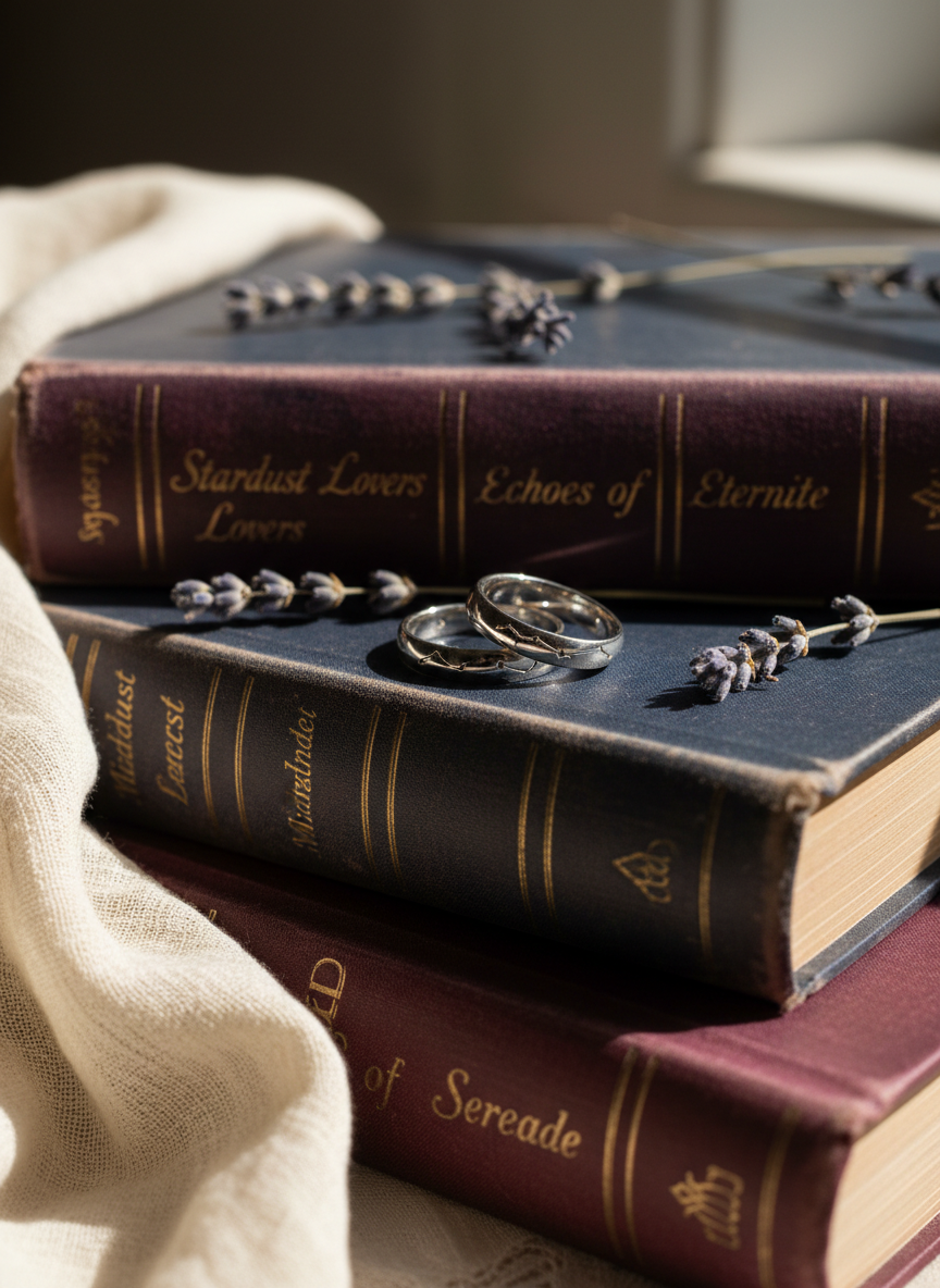 A pair of intertwined silver rings, finely polished with subtle engravings of constellations, rests atop a stack of vintage romance novels with faded, textured covers in deep burgundy and midnight blue. Tiny dried lavender sprigs are scattered around, their soft purple hues complementing the worn gold lettering on the spines. A gauzy, cream-colored fabric drapes into the edge of the frame, softening the composition. Side lighting from a nearby window creates a dramatic, cinematic contrast, carving out gentle highlights on the metal and shadows between book pages. Captured from a close-up, slightly low angle with selective focus, the image feels timeless, sophisticated, and tender, symbolizing a love story anchored in shared dreams and literary escapes.